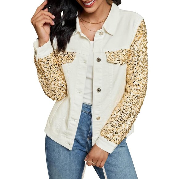 Cream White & Gold Sequin Jean Jacket for Women Long Sleeve Sparkly Denim Coat - Picture 1 of 7